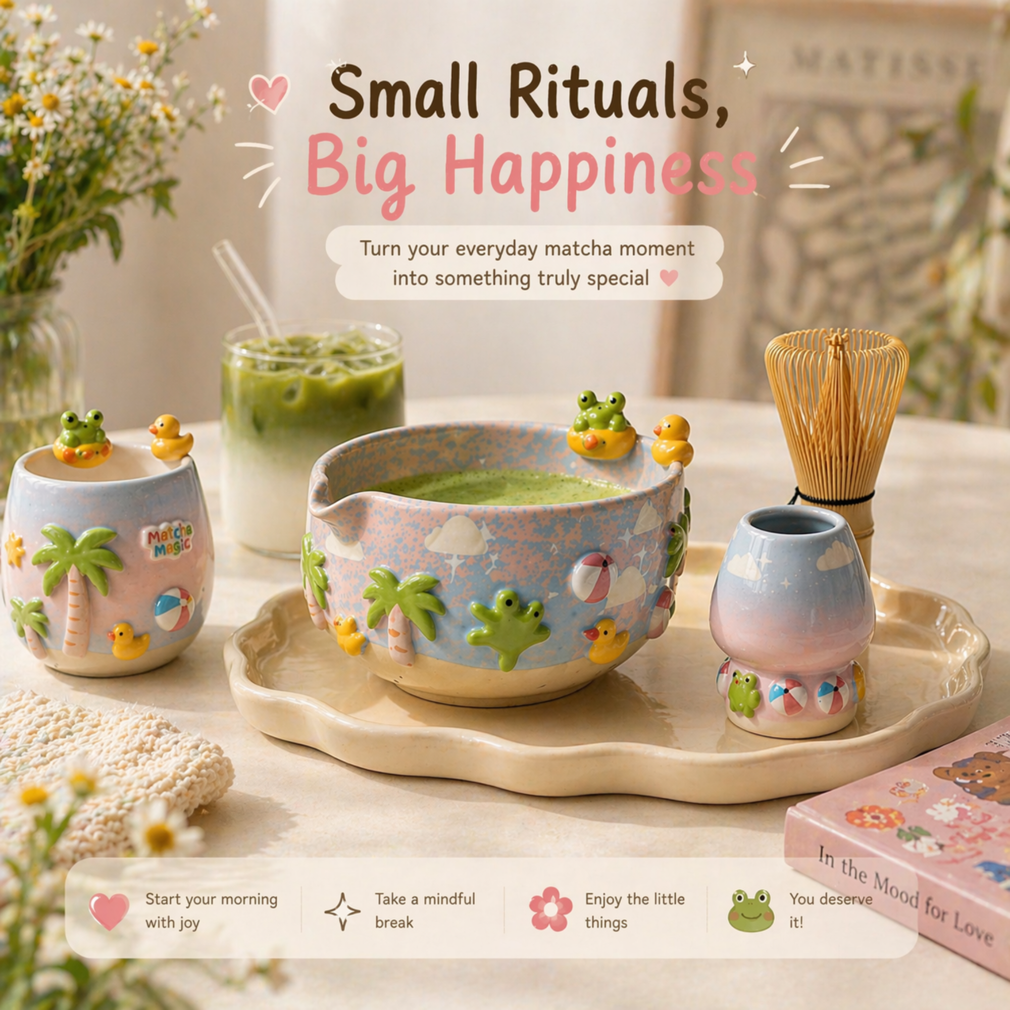 Handmade Frog Matcha Bowl Set, Cute Duck Ceramic Matcha Tea Set, Ombre Matcha Bowl with Whisk Holder, Kawaii Tea Gift | LA2