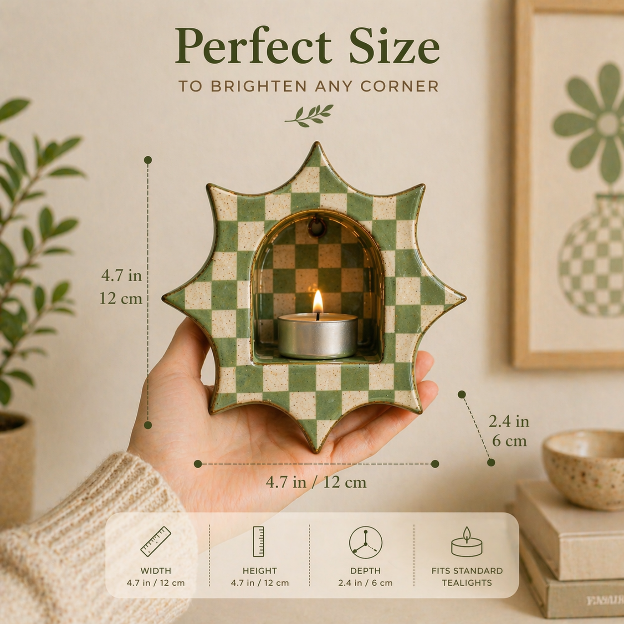 Handmade Checkerboard Ceramic Wall Candle Holder, Sunburst Silhouette, Cottagecore Decor | LA110