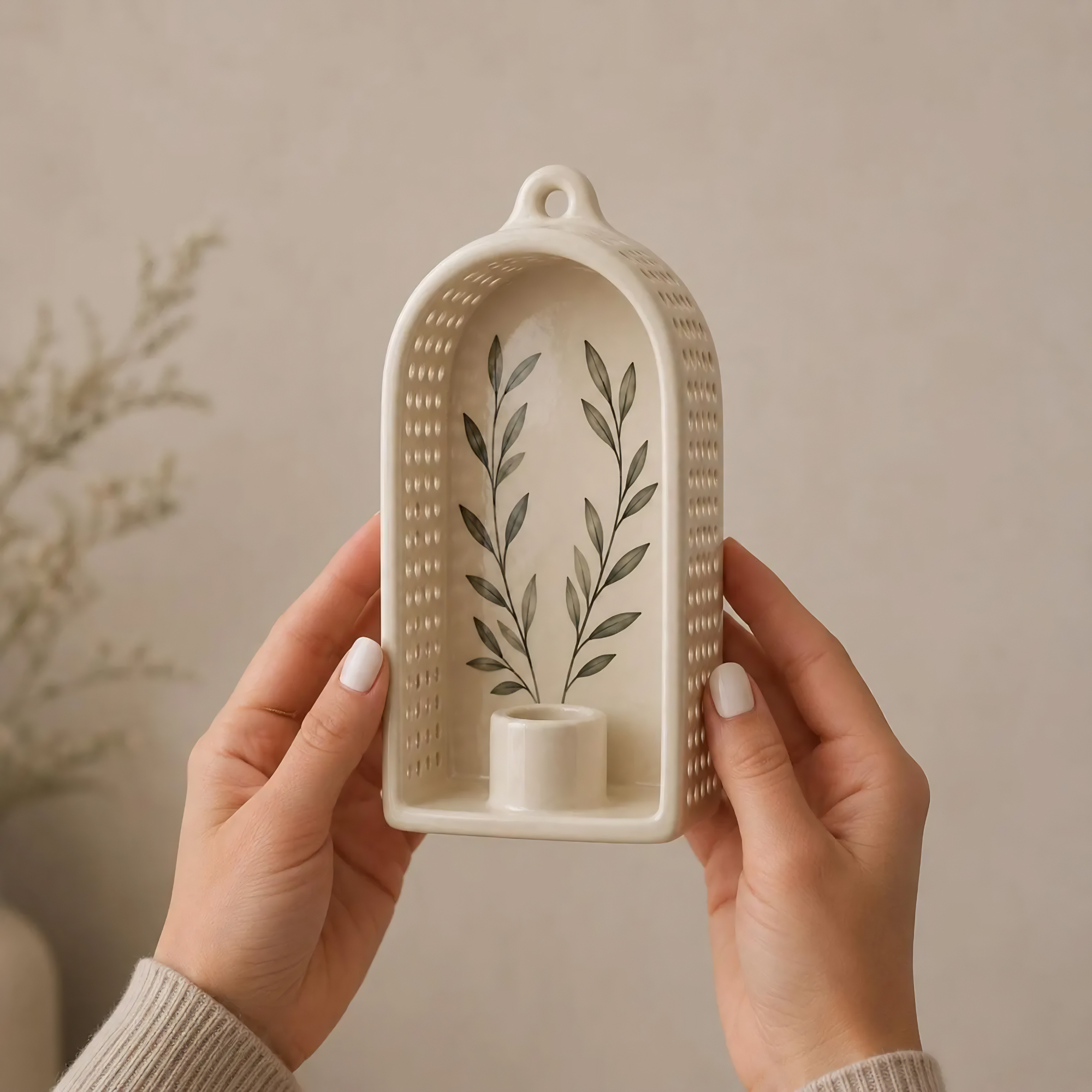 Perforated Ceramic Wall Sconce, Handmade Candle Lantern, Taper Candle Holder, Botanical Light Decor, Tealight Holder, Housewarming Gift | LA138