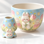 Bunny Tulip Matcha Bowl Set, Spouted Chawan & Whisk Holder, Handmade Ceramic Tea Set, Kawaii Gift for Bunny & Matcha Lovers