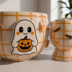 Handmade Halloween Matcha Bowl Set, Ghost Ceramic Chawan with Whisk Holder, Cute Pumpkin Matcha Bowl, Fall Tea Lover Gift | LA036