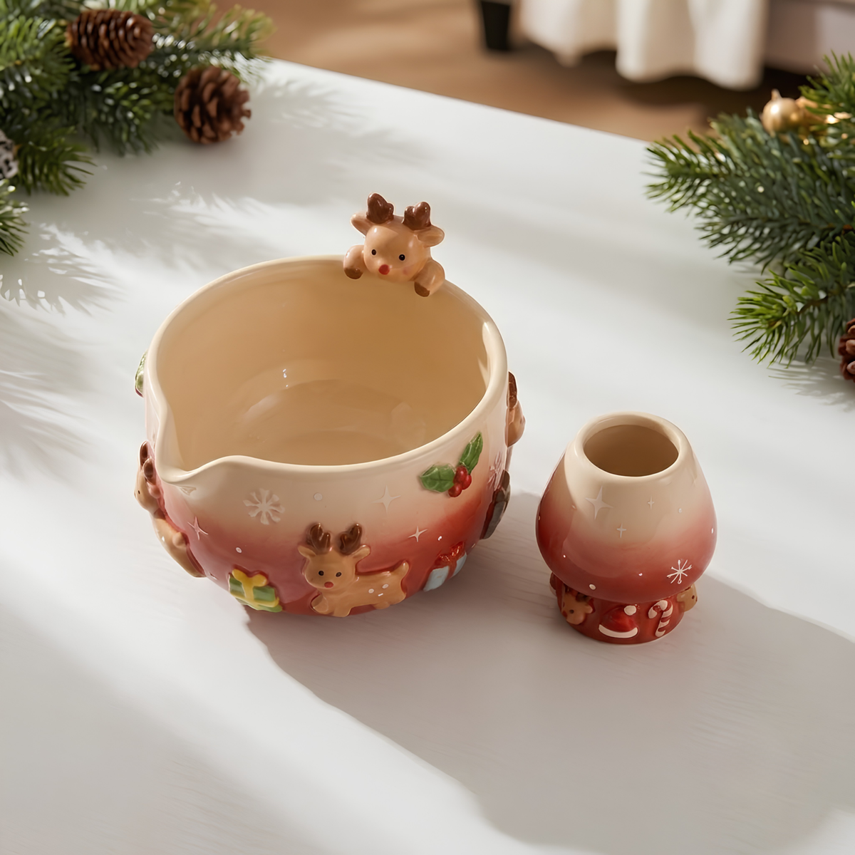 Christmas Reindeer Matcha Bowl Set, Handmade Ceramic Matcha Bowl with Whisk Holder, Cute Holiday Matcha Set, Christmas Gift for Matcha Lover | LA052