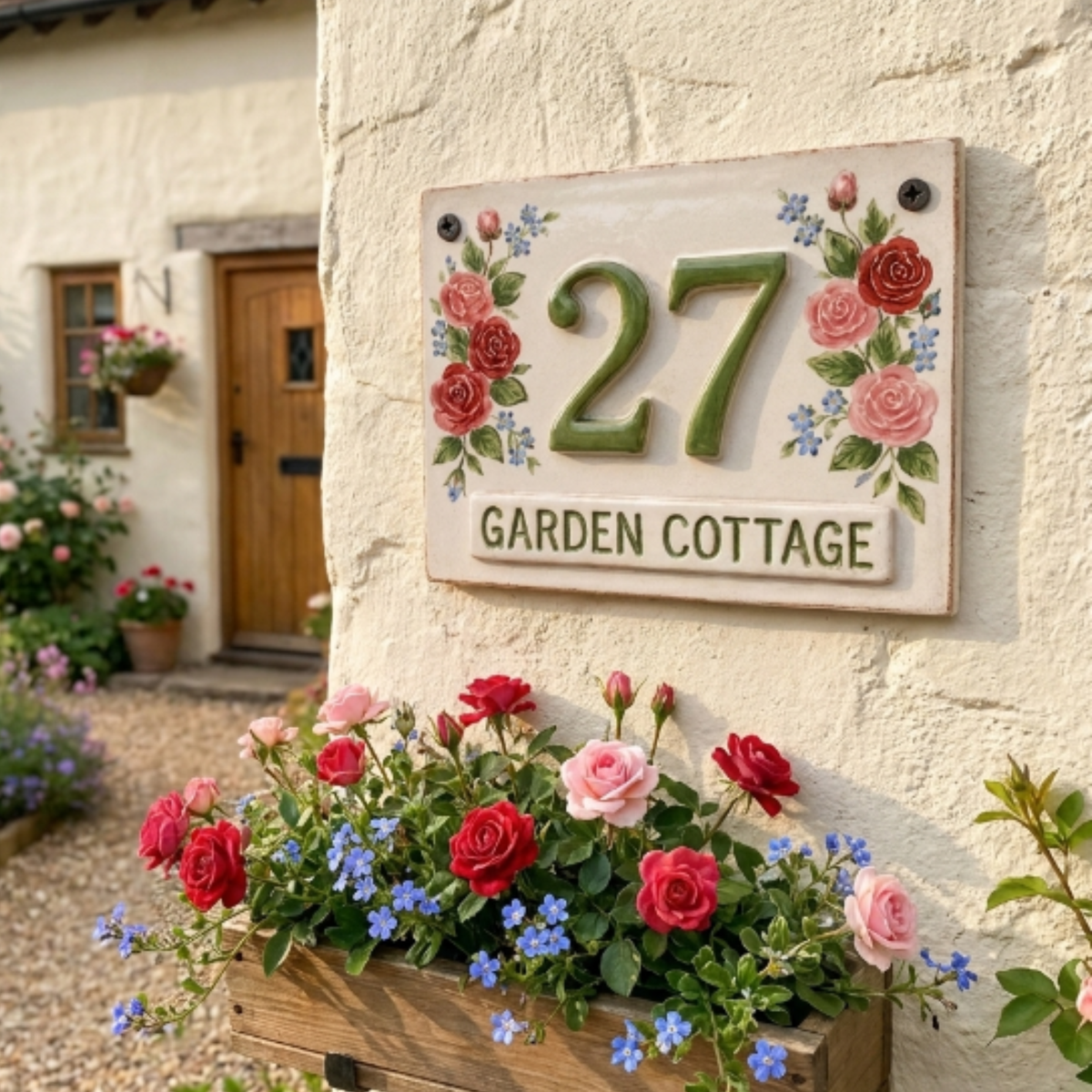 Personalized Ceramic House Number Sign – Hand-Painted Rose Address Plaque - NN