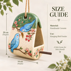 Bluebird Ceramic Bird Feeder - Hanging Seed Holder with Perch, Hand Painted Garden Pottery.