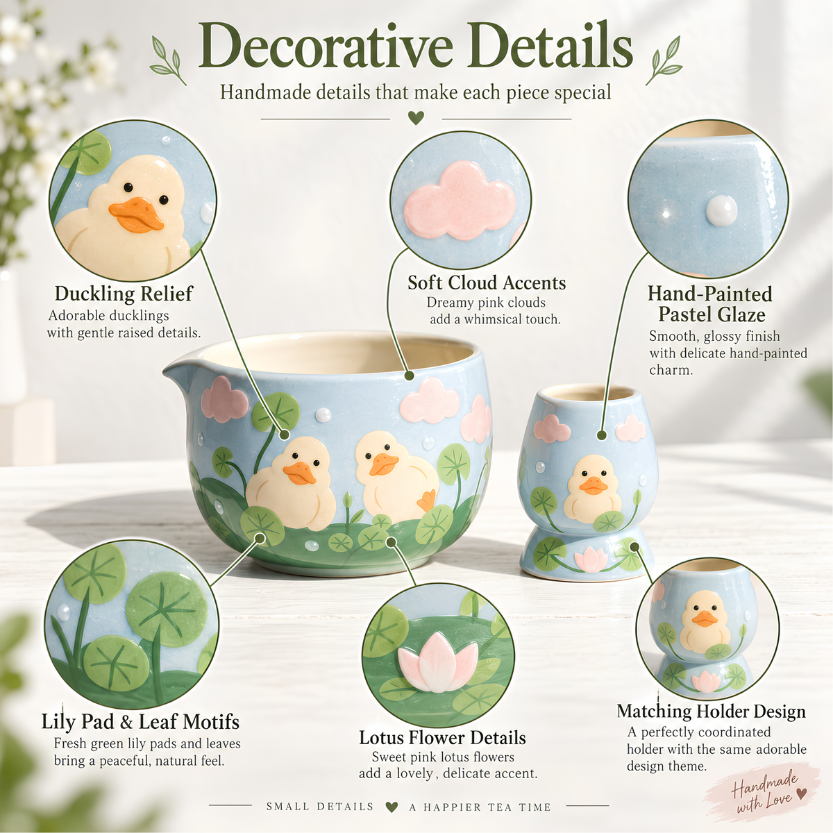 Handmade Duck Pond Ceramic Matcha Bowl Set | Cute Spouted Chawan & Whisk Holder • HX49
