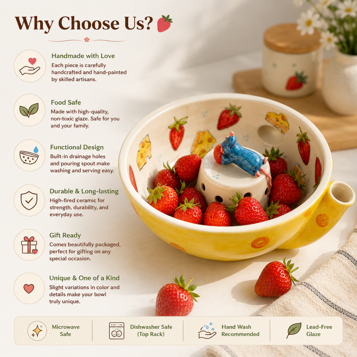 Handmade Ceramic Berry Bowl, Strawberry Colander, Fruit Washing Bowl with Drainer, Cottagecore Kitchen Gift | LA104