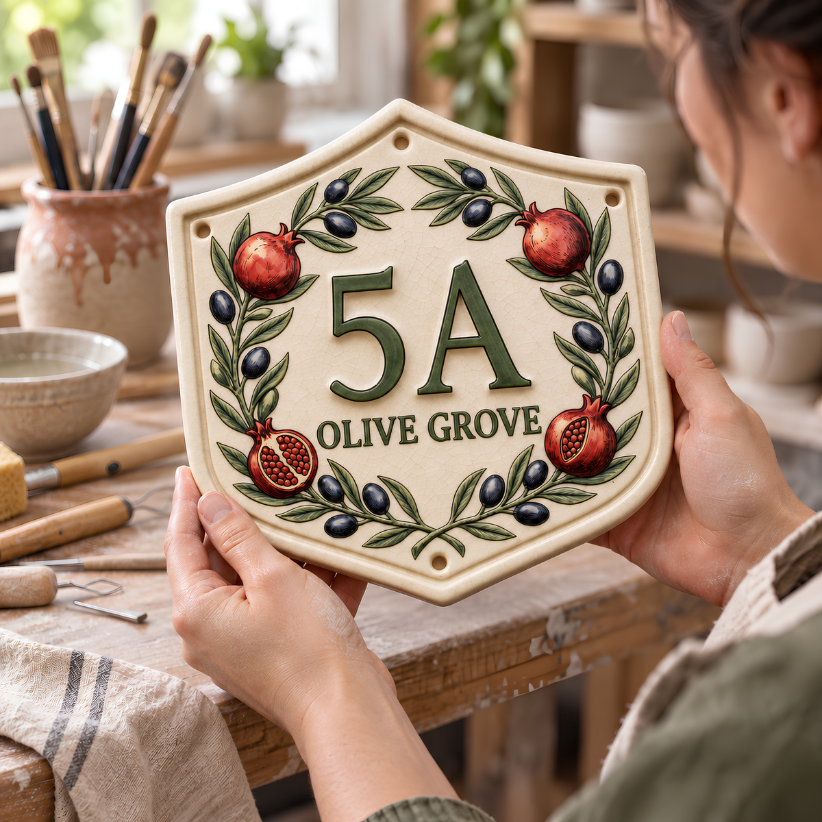 Personalized Ceramic House Number Sign - Olive & Pomegranate Address Plaque, Handmade Mediterranean Wall Decor