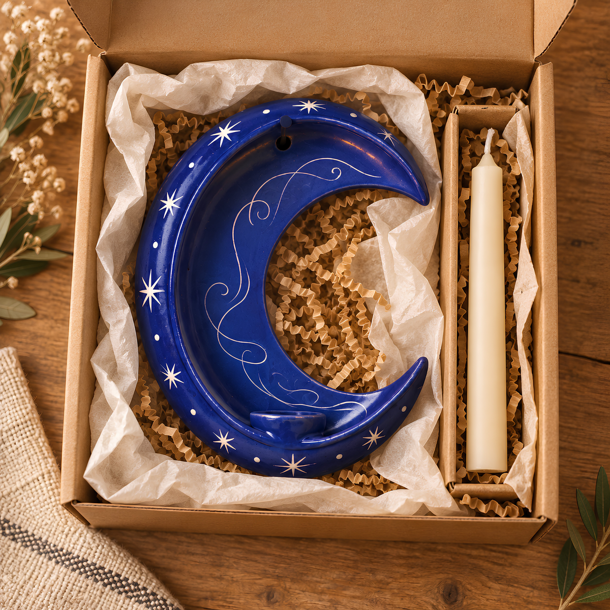 Handmade Crescent Moon Ceramic Wall Candle Holder, Celestial Taper Candle Sconce, Star Wall Decor, Moon Lover Gift, Housewarming Gift