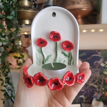 Handmade Ceramic Poppy Flower Wall Tealight Candle Holder - NN04