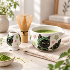 Black Cat Matcha Bowl Set - Spouted Chawan & Whisk Holder, Handmade Ceramic Tea Set.