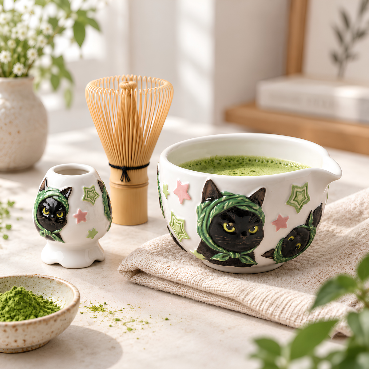 Black Cat Matcha Bowl Set - Spouted Chawan & Whisk Holder, Handmade Ceramic Tea Set.