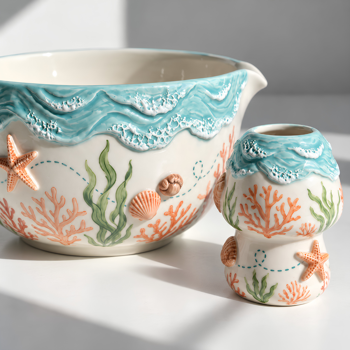 Ocean Reef Matcha Bowl Set - Spouted Chawan and Whisk Holder, Handmade Ceramic Tea Set, Coastal Gift for Matcha Lovers