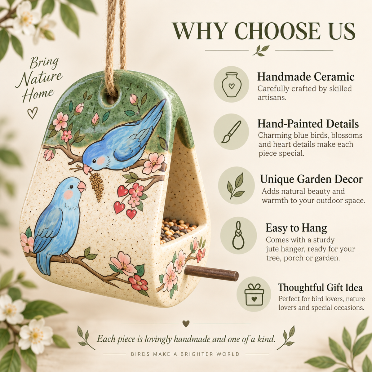 Bluebird Ceramic Bird Feeder - Hanging Seed Holder with Perch, Hand Painted Garden Pottery.