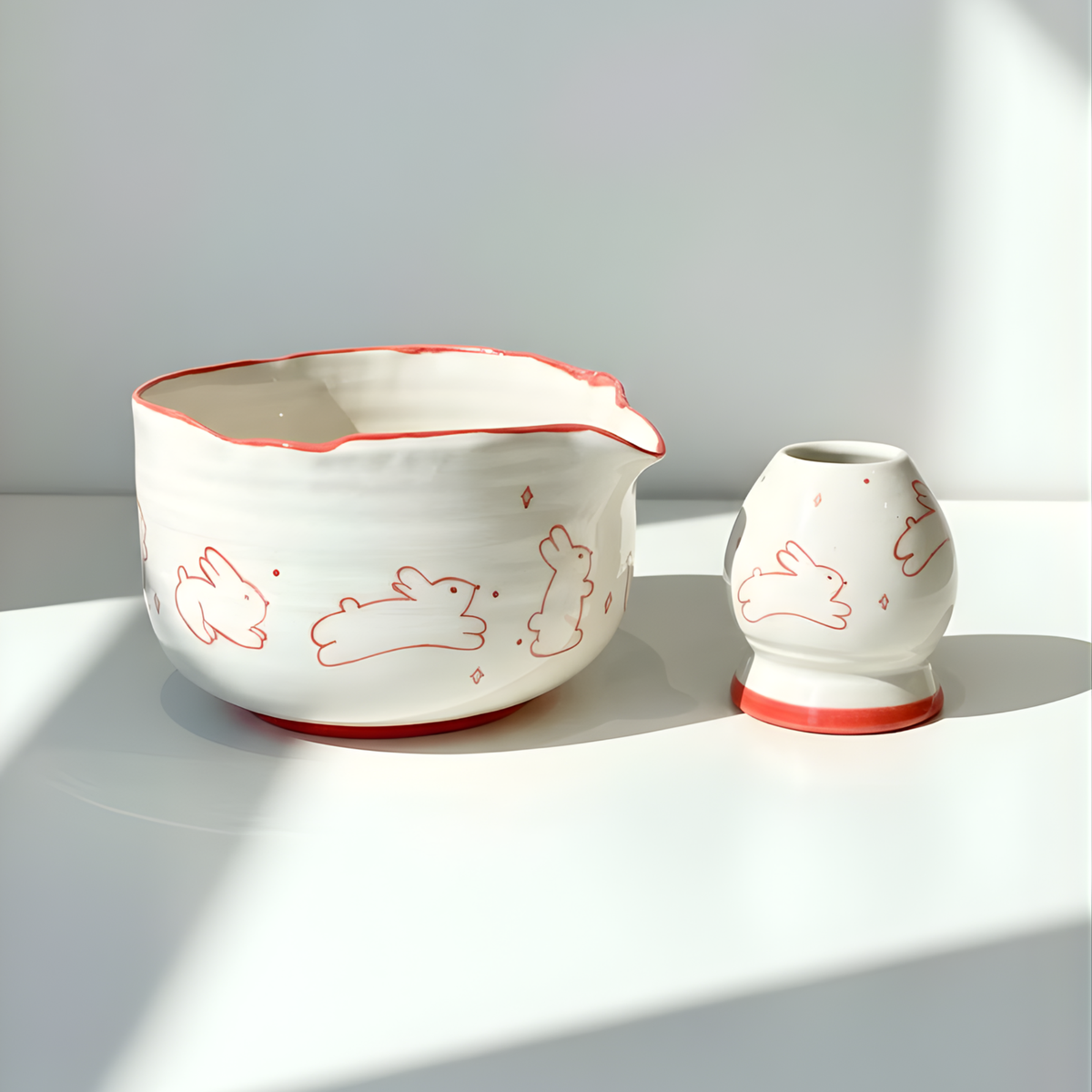 Minimalist Red Line Bunny Hand-Painted Ceramic Matcha Bowl and Whisk Holder Set • HX08