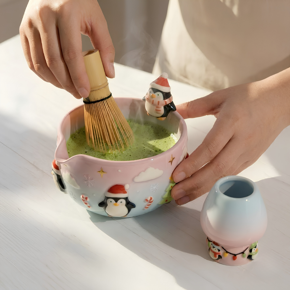Christmas Penguin Matcha Bowl, Handmade Ceramic Matcha Set with Whisk Holder, Cute Winter Chawan, Penguin Gift for Matcha Lover | LA049