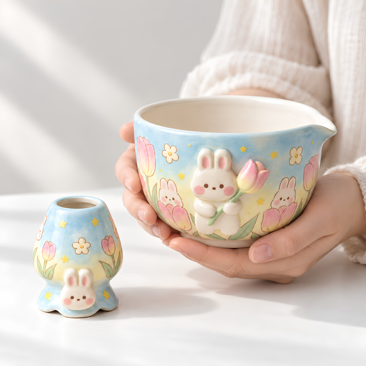 Bunny Tulip Matcha Bowl Set, Spouted Chawan & Whisk Holder, Handmade Ceramic Tea Set, Kawaii Gift for Bunny & Matcha Lovers