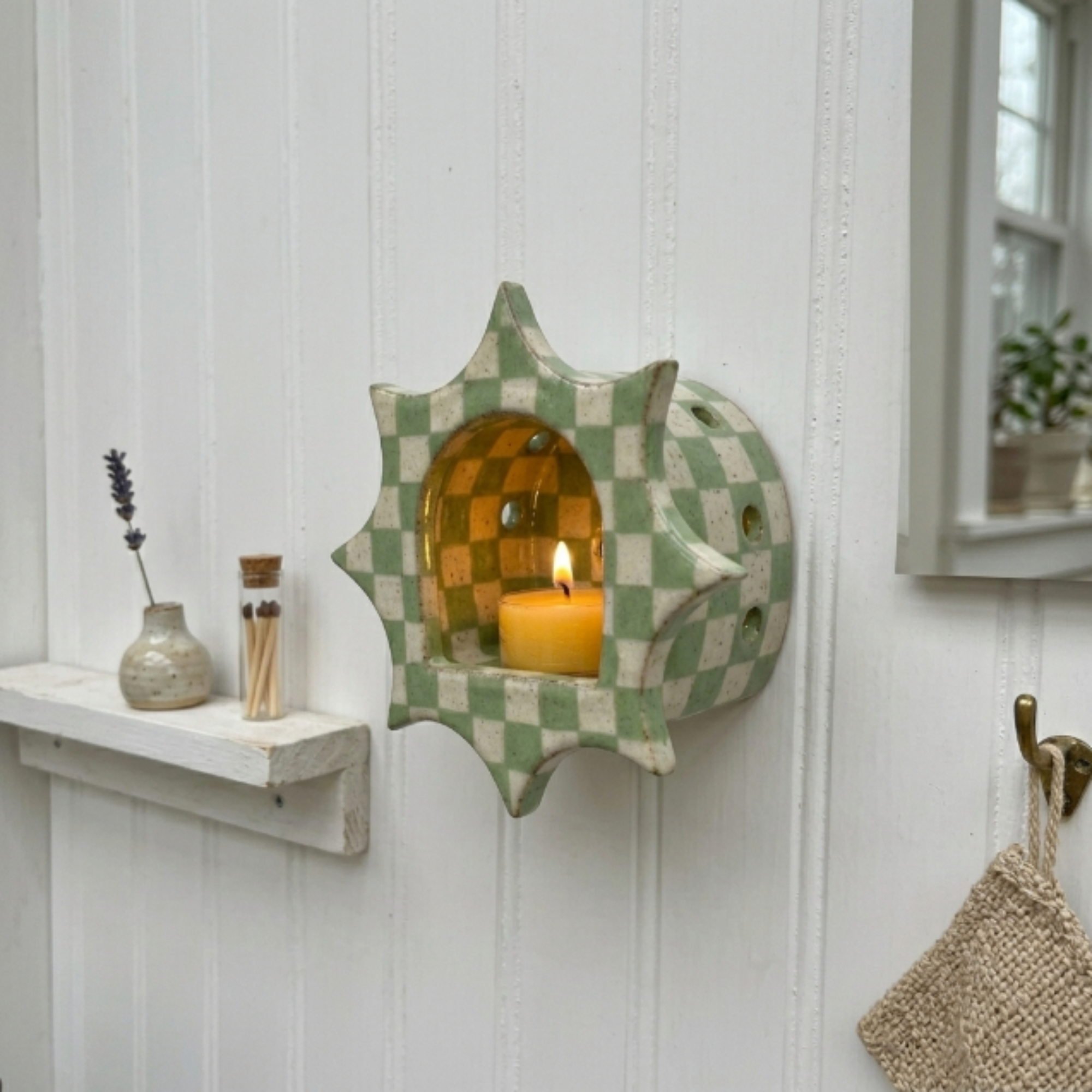 Handmade Checkerboard Ceramic Wall Candle Holder, Sunburst Silhouette, Cottagecore Decor | LA110