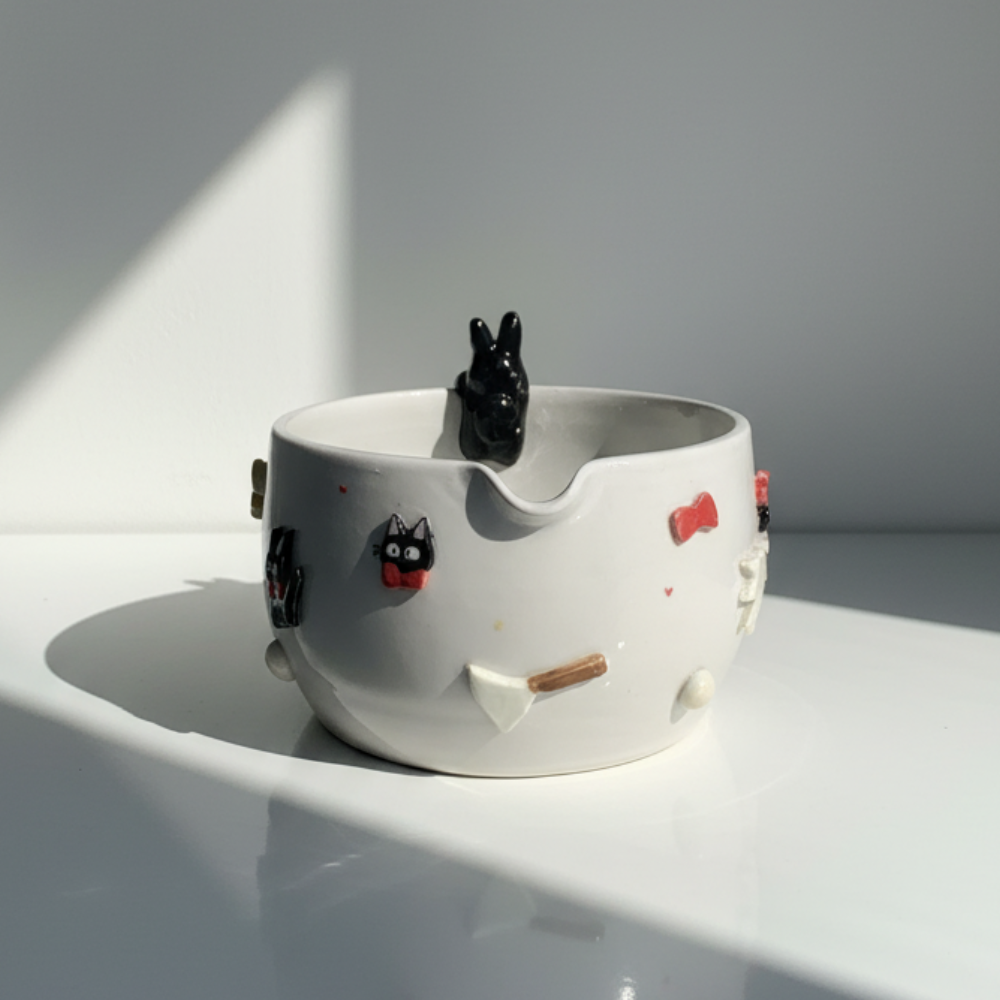 Handcrafted 3D Black Cat Ceramic Matcha Bowl with Spout, Cute Kitten Embossed Matchawan, Whimsical Cozy Black Cat Tea Cup, Gift for Cat Lover • HX16