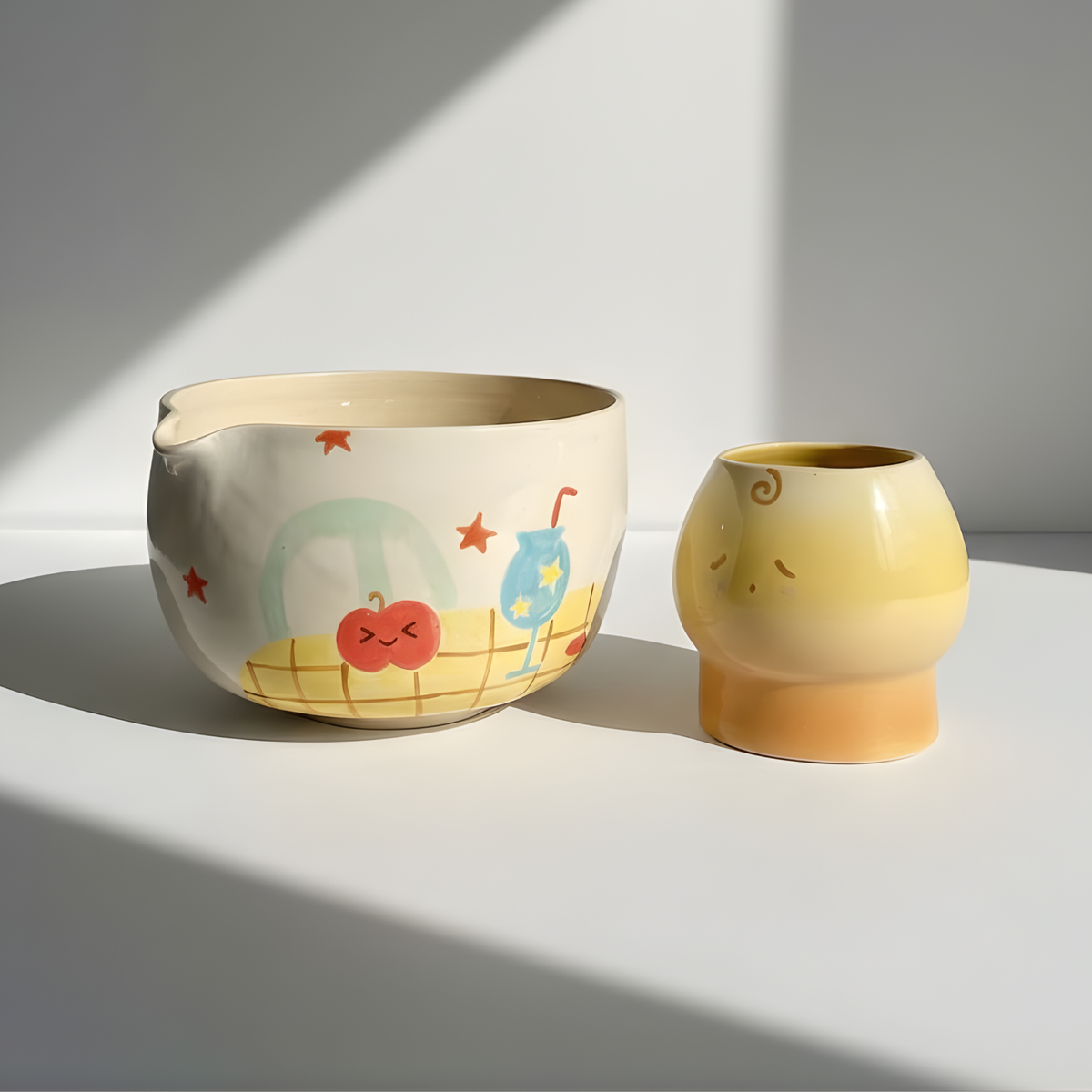 Handmade Cute Pudding & Cafe Ceramic Matcha Bowl Set | Kawaii Spouted Chawan & Whisk Holder • HX50