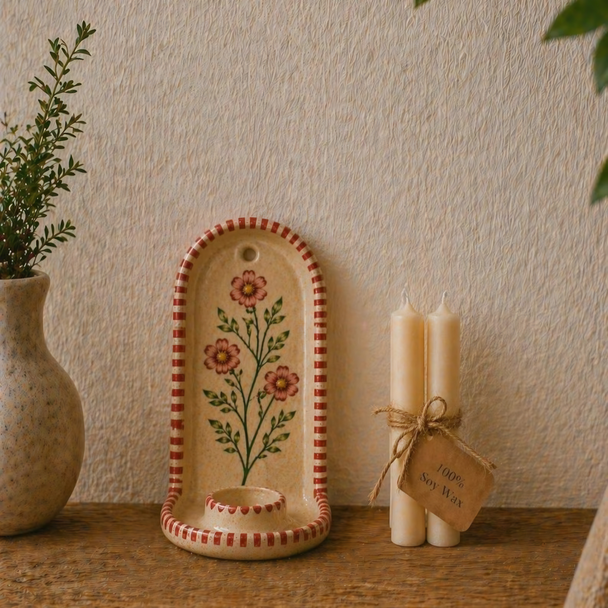 Wall Candle Holder Ceramic, Hand Painted Floral Sconce, Kitchen Decor, Cottagecore Wall Art, Handmade Gift for Her, Home Decor Accent | LA121