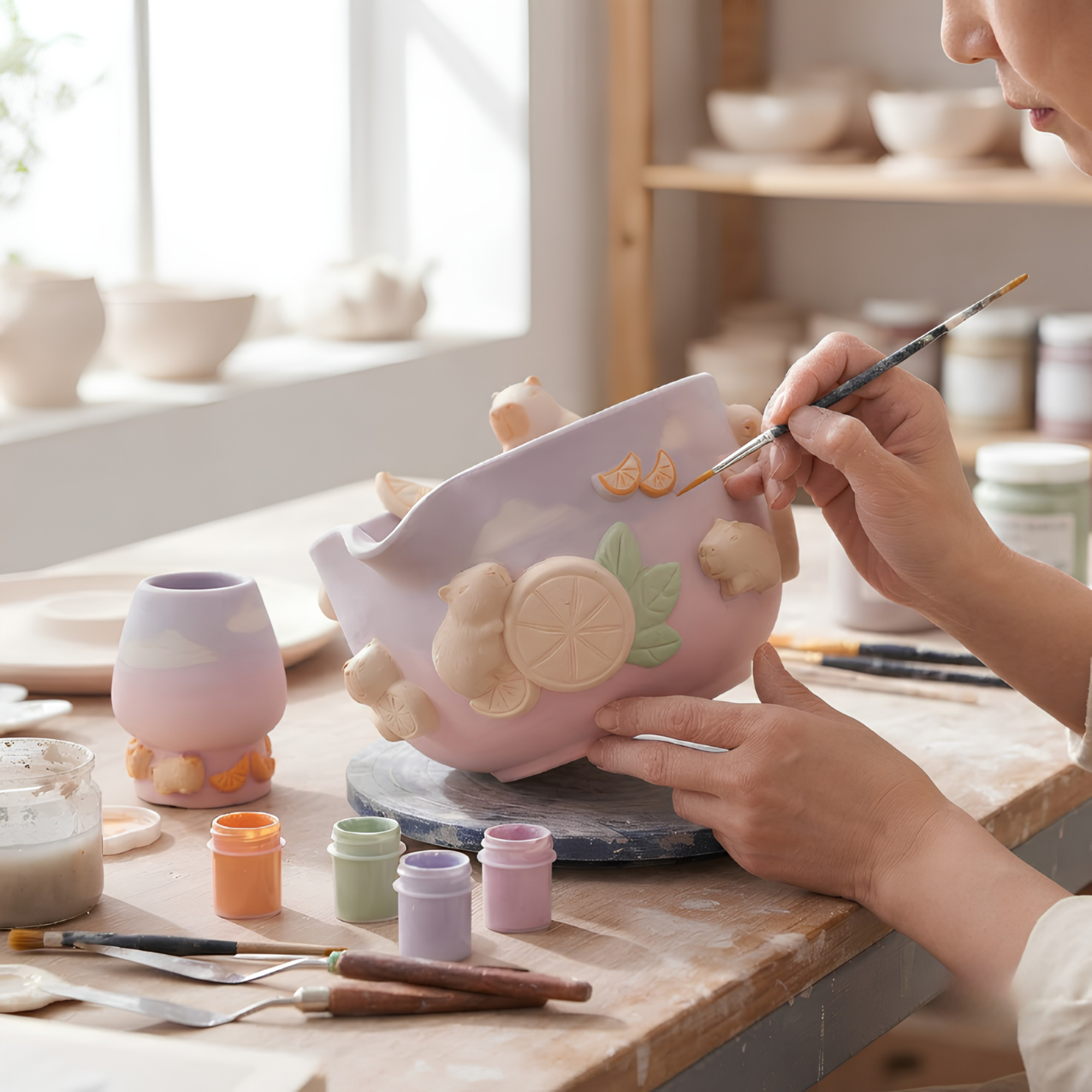 Capybara Orange Ombre Matcha Bowl Set, Handmade Ceramic Chawan with Whisk Holder, Cute Matcha Gift for Tea Lover | LA045
