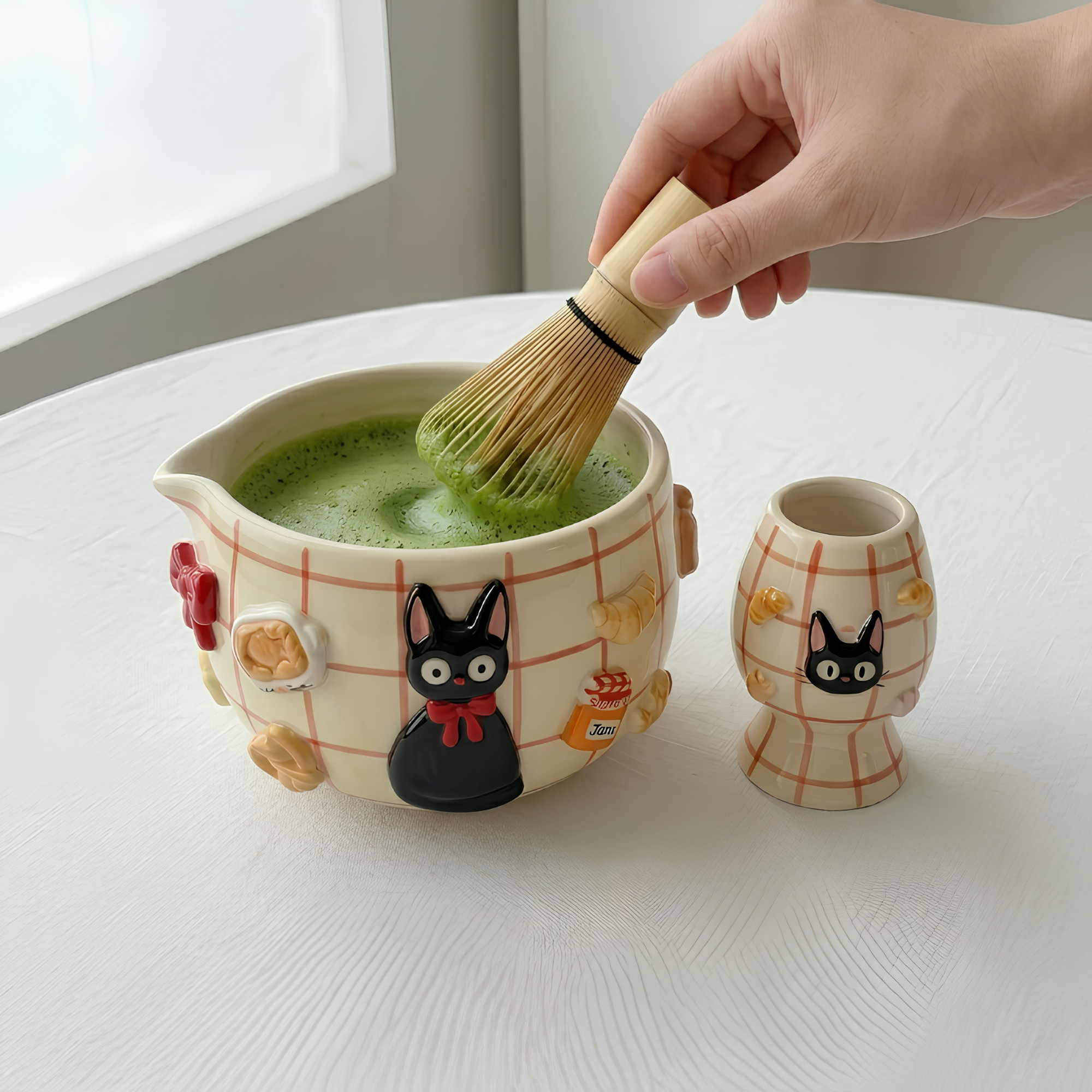 Grid Cute Cat Matcha Bowl | Handmade Ceramic Chawan | LA019