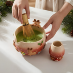 Christmas Reindeer Matcha Bowl Set, Handmade Ceramic Matcha Bowl with Whisk Holder, Cute Holiday Matcha Set, Christmas Gift for Matcha Lover | LA052