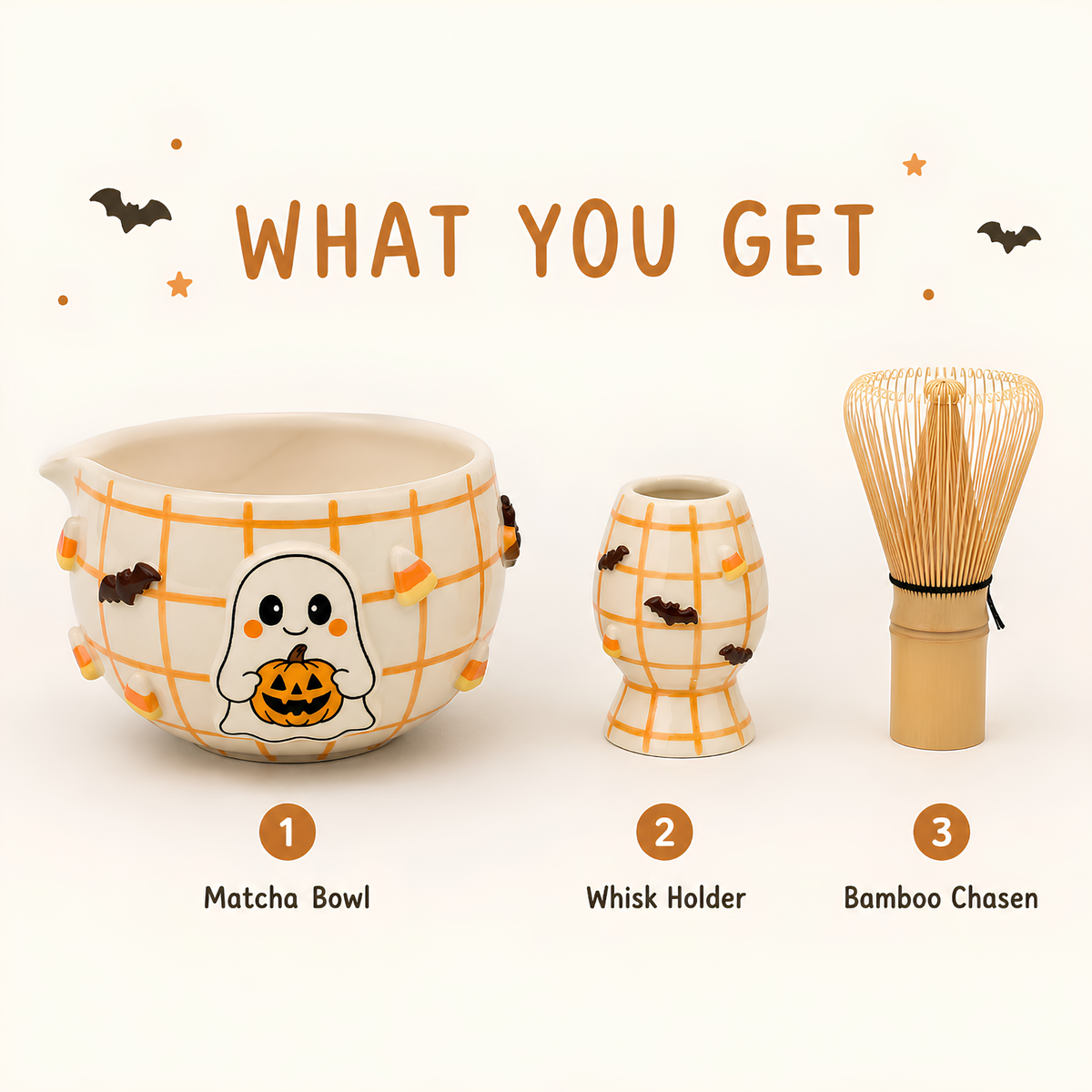 Handmade Halloween Matcha Bowl Set, Ghost Ceramic Chawan with Whisk Holder, Cute Pumpkin Matcha Bowl, Fall Tea Lover Gift | LA036