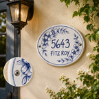 Personalized Ceramic House Number Sign, Hand Painted Blue Floral Address Plaque, Custom Street Name Sign, Cottage Home Decor - NN