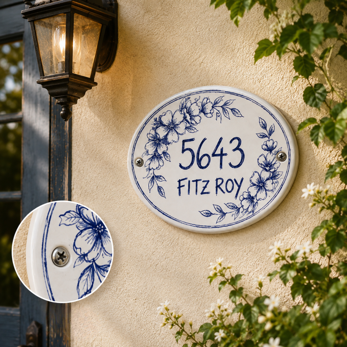 Personalized Ceramic House Number Sign, Hand Painted Blue Floral Address Plaque, Custom Street Name Sign, Cottage Home Decor - NN