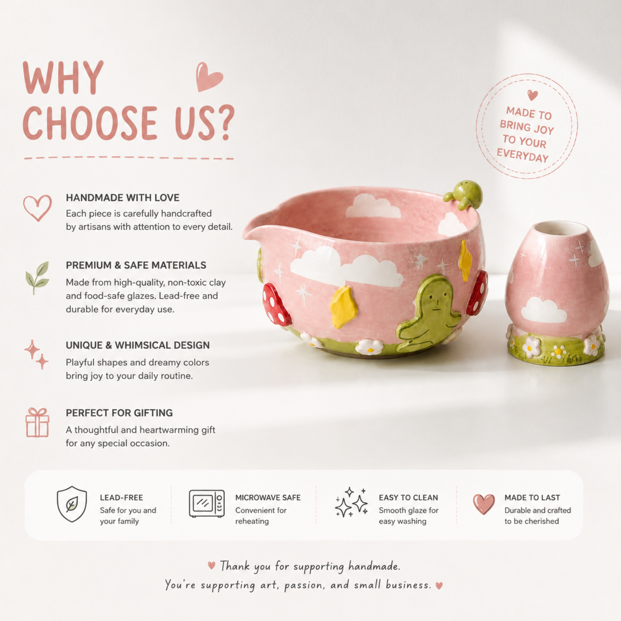 Fairytale Pink Sky Smiski 3D Handcrafted Ceramic Matcha Bowl and Whisk Holder Set • HX07