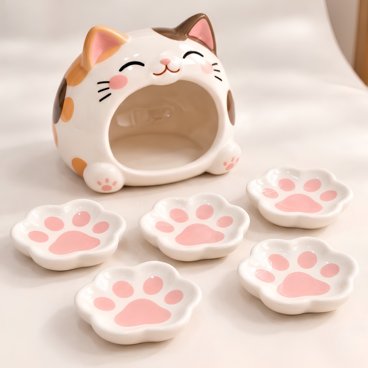 Cat Paw Ceramic Dipping Dish Set - Paw Shaped Sauce Plates & Cat Holder, Handmade Tableware.