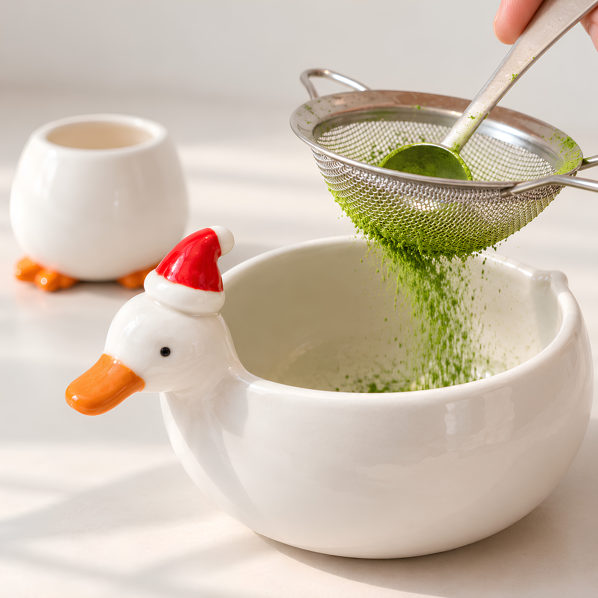 Goose Matcha Bowl Set, Handmade Ceramic Chawan with Spout & Whisk Holder, Cute Duck Tea Set