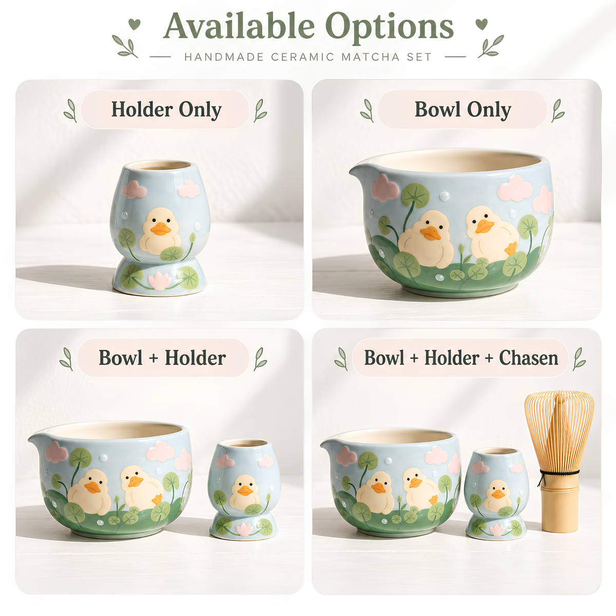 Handmade Duck Pond Ceramic Matcha Bowl Set | Cute Spouted Chawan & Whisk Holder • HX49