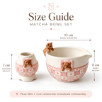 Teddy Bear Matcha Bowl Set, Handmade Ceramic Chawan & Whisk Holder, Pink Gingham Tea Set