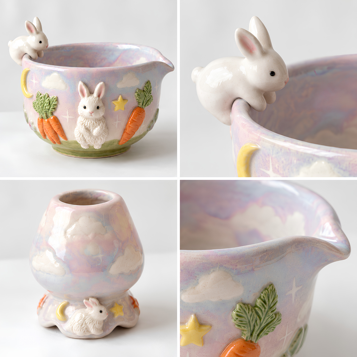 Bunny Carrot Matcha Bowl Set - Spouted Chawan and Whisk Holder, Handmade Ceramic Tea Set, Kawaii Gift for Rabbit & Matcha Lovers