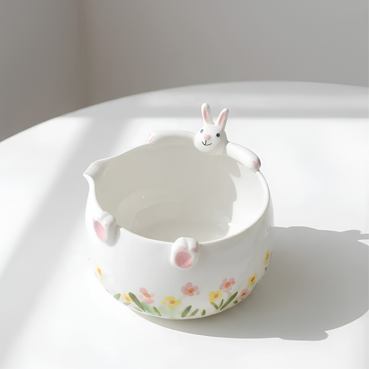 White Bunny Hug 3D Handcrafted Ceramic Matcha Bowl and Floral Whisk Holder Set • HX11