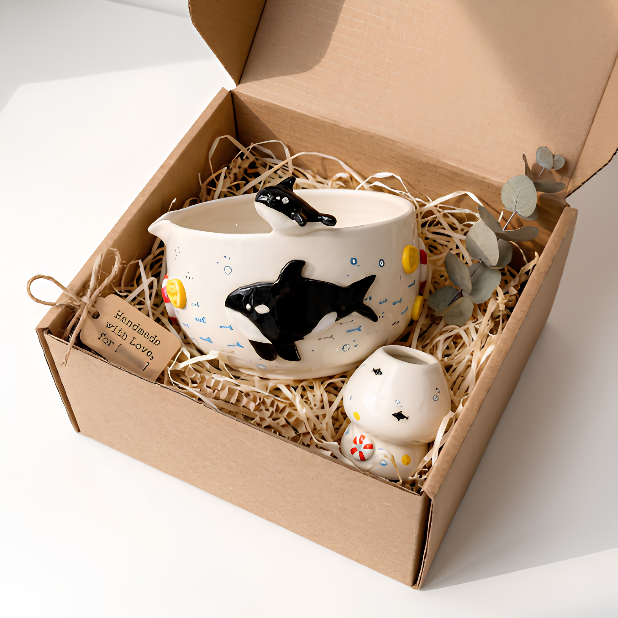 Playful Orca Ocean 3D Handcrafted Ceramic Matcha Bowl and Whisk Holder Set • HX12