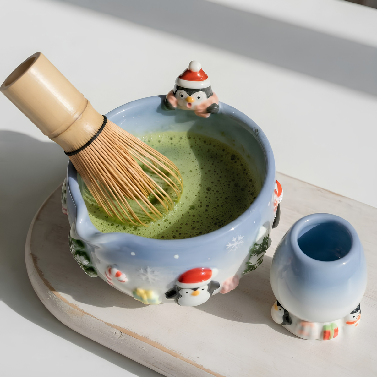 Christmas Penguin Matcha Bowl, Handmade Ceramic Matcha Set with Whisk Holder, Cute Winter Chawan, Penguin Gift for Matcha Lover | LA050