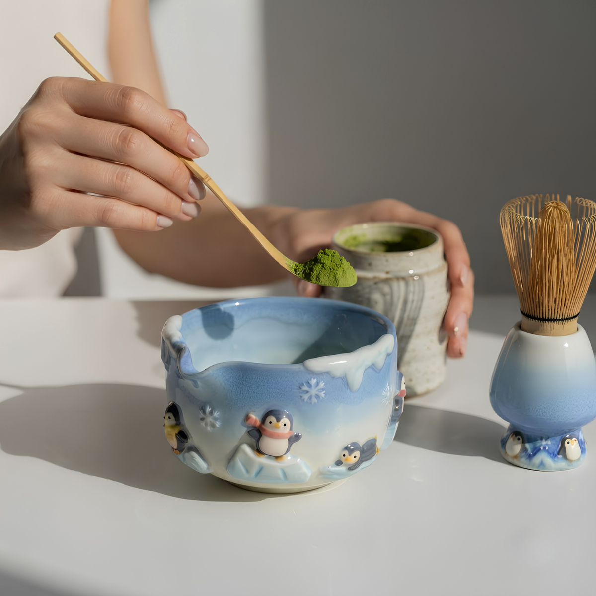 Penguin Matcha Bowl Set, Handmade Ceramic Chawan with Whisk Holder, Cute Winter Matcha Set, Arctic Penguin Gift, Matcha Lover Gift | LA051