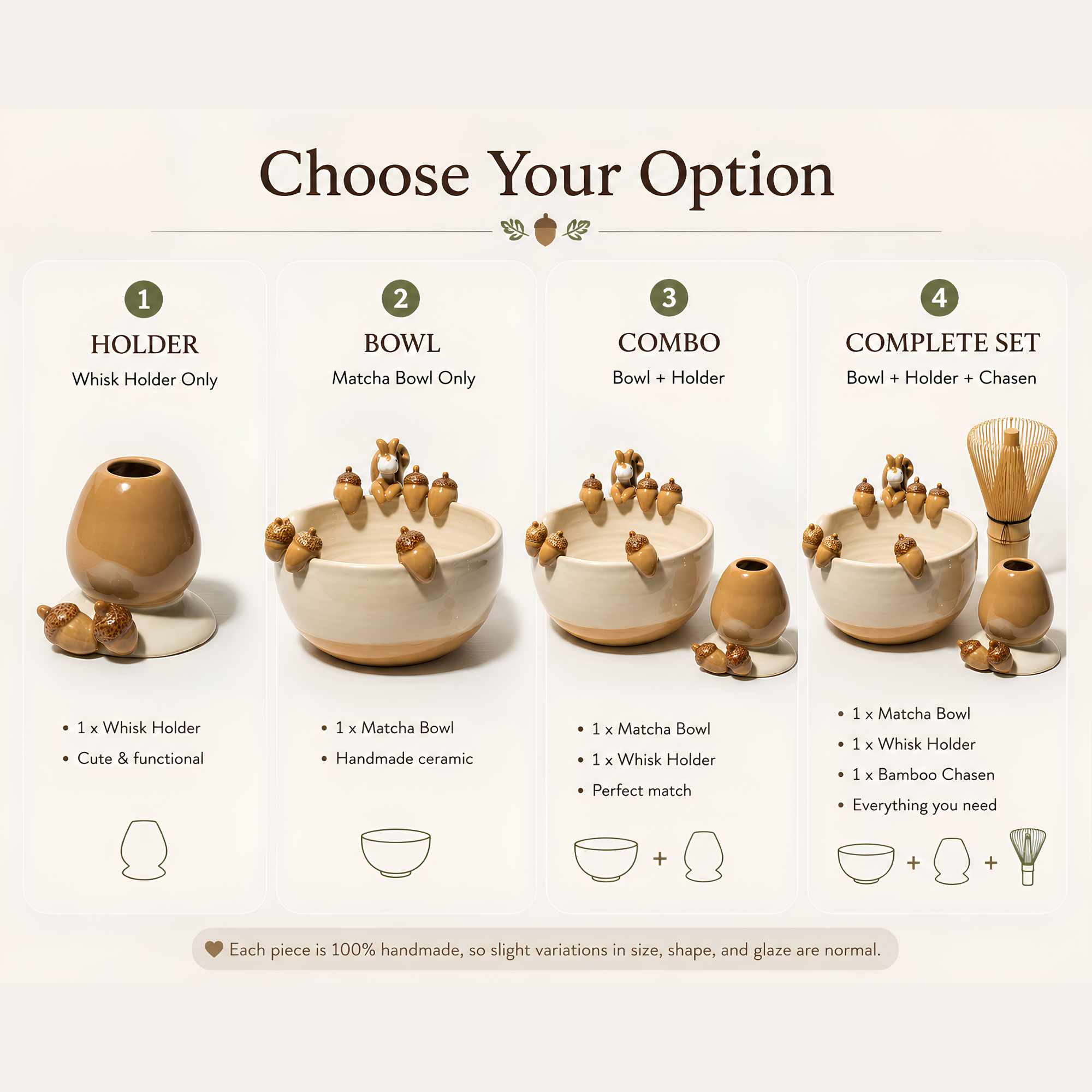 Autumn Forest Squirrel & Acorn 3D Handcrafted Ceramic Matcha Bowl and Whisk Holder Set • HX17