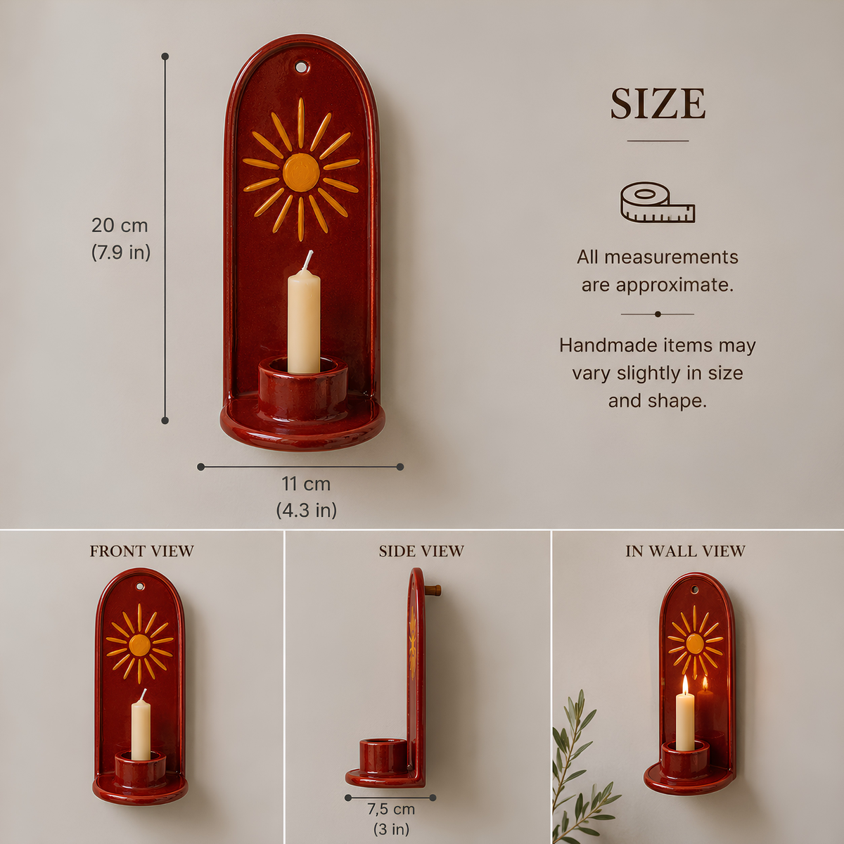 Sun Wall Candle Holder, Handmade Ceramic Wall Sconce, Taper Candle Holder, Boho Wall Decor, Rustic Home Decor, Housewarming Gift | LA135