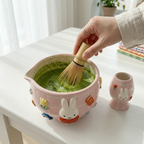 Grid Pink Bunny Matcha Bowl | Handmade Ceramic Chawan | LA024