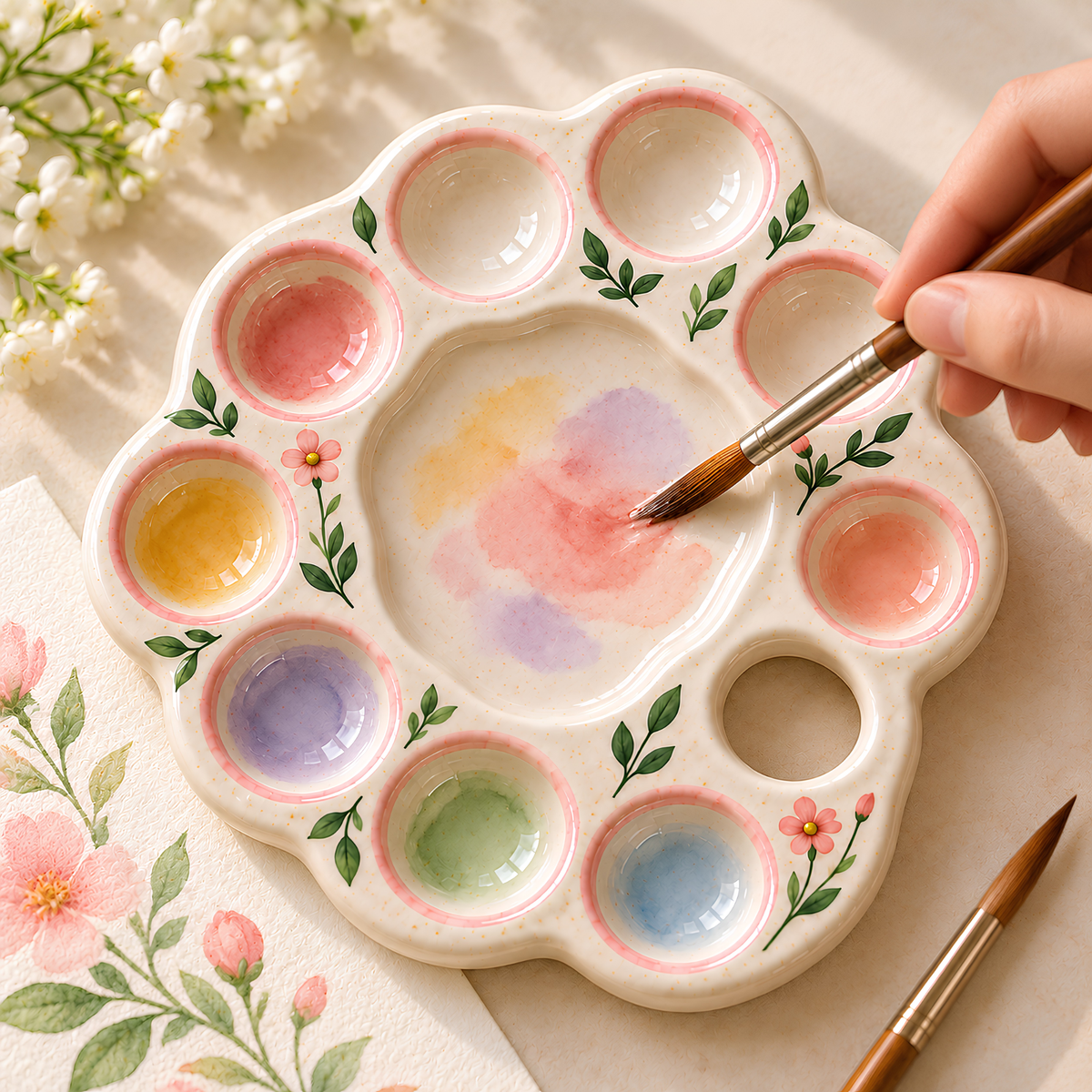 Ceramic Paint Mixing Palette Tray - Handmade Artist Palette with Hand Grip Hole, Pottery Painting Tool, Gift for Artists
