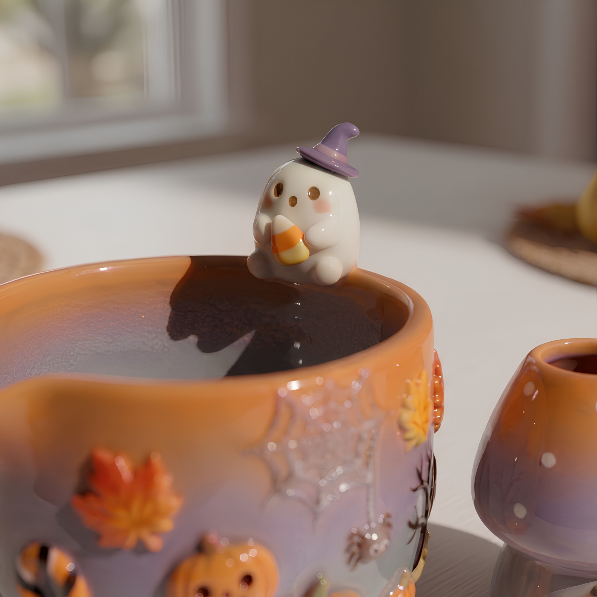 Ombre Halloween Matcha Bowl, Handmade Ceramic Matcha Set, Pumpkin Ghost Chawan with Whisk Holder | LA041