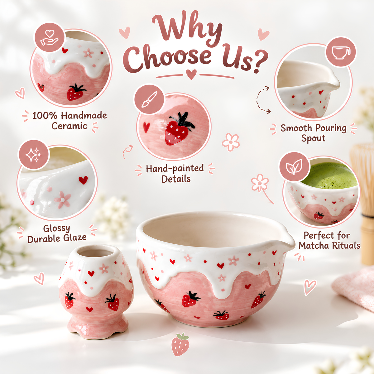 Strawberry Matcha Bowl Set - Pink Ceramic Chawan with Spout, Chasen Whisk Holder