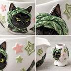Black Cat Matcha Bowl Set - Spouted Chawan & Whisk Holder, Handmade Ceramic Tea Set.