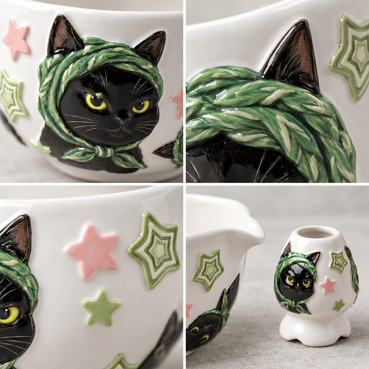 Black Cat Matcha Bowl Set - Spouted Chawan & Whisk Holder, Handmade Ceramic Tea Set.