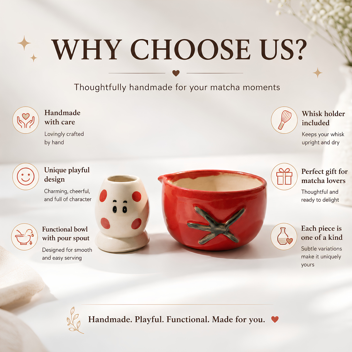 Handmade Red Tomato Ceramic Matcha Bowl Set | Cute Spouted Chawan & Polka Dot Whisk Holder • HX52