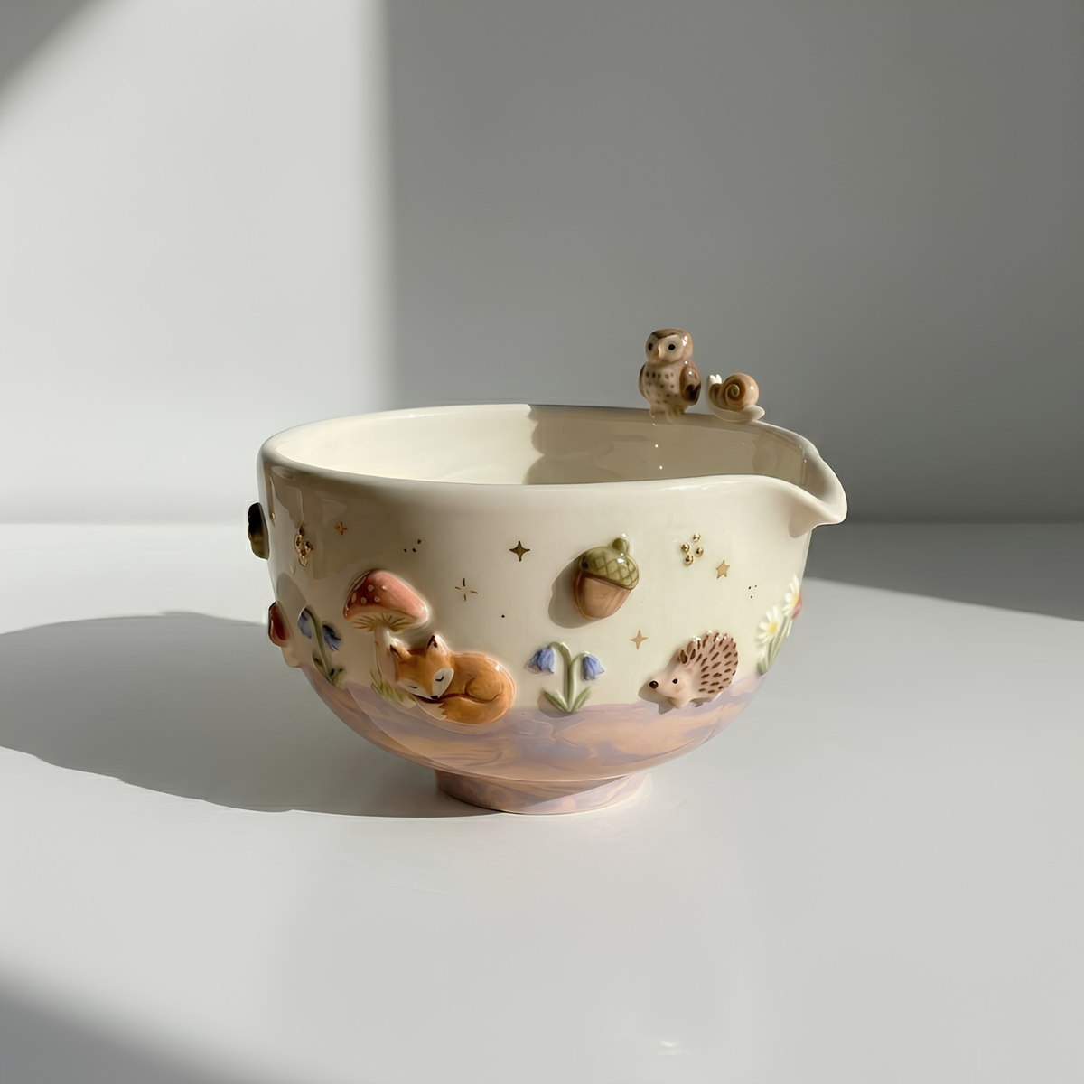 Woodland Matcha Bowl, Handmade Ceramic Chawan, Owl Fox Hedgehog Tea Bowl, Cottagecore Matcha Set | LA033